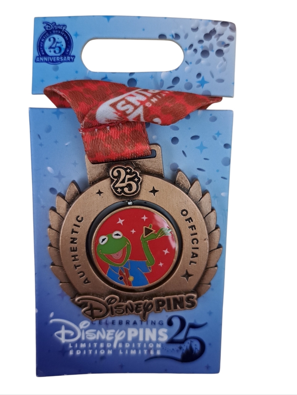 DisneyPins 25th Anniversary Kermit Medal Pin with Red Ribbon